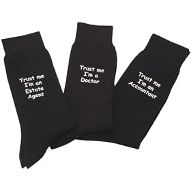 Estate Agent Socks - Fun black socks with "Trust me I'm an Estate Agent" slogan embroidered onto each leg of the cotton rich socks. One size - mens shoe 6-11. Perfect humorous Christmas or Birthday gift for an Estate Agent.