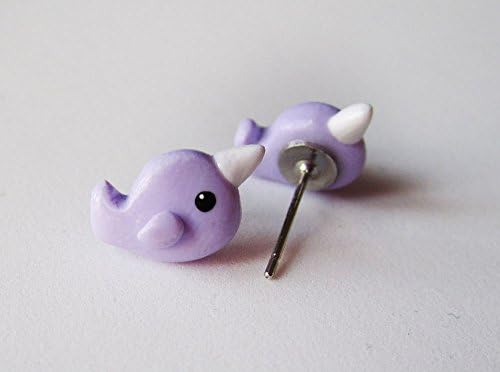 Handmade Tiny Little Narwhal Polymer Clay Stud Post Earrings - Available in Pink, Purple, Blue (Purple)