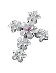 925 Silver Pink CZ Plumeria Cross Pendant Hawaiian Silver Jewelry