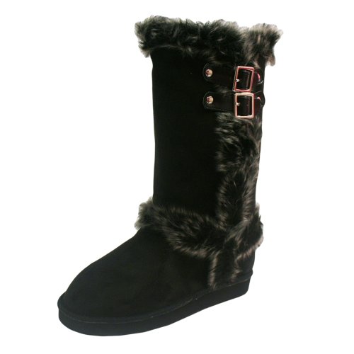 Black Faux Suede Fur Trimmed Warm Flat Boots Size 10 On Sale