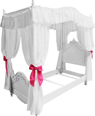 Girl's Princess Twin Size Solid White Drape Canopy with Hot Pink Ribbon Ties