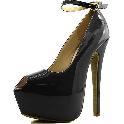 Women s Extreme High Fashion Ankle Strap Peep Toe Hidden Platform Sexy Stiletto High Heel Pump Shoes BlackPatent-12