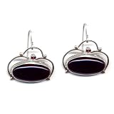 Sterling Silver Danish Modern Black Onyx & Fire Opal Aero Earrings by Suz Andreasen, MADE IN AMERICA