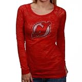NHL Touch by Alyssa Milano New Jersey Devils Ladies Red Burnout Long Sleeve T-shirt with Crystals (Large)