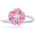 10k White Gold Created Pink Sapphire and Diamond Flower Ring