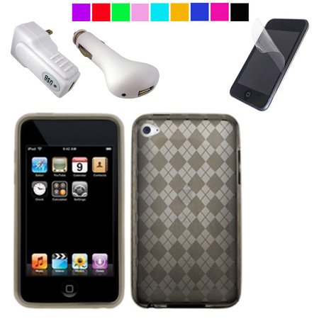Attractive Silicone Skin for Apple iPod Touch 4th Generation with Clear Screen Protector for 4th gen ipod + USB Car and Wall Charger for itouch 4G (Smoke)