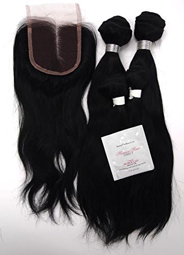 Human Hair Direct Natural Wave 100% Virgin Brazilian Human Hair Remy Extensions 3-pack Plus 4"x4" Lace Closure and Free Gift, Argan Oil Sample (16" 18" 20" Extensions + 14" Lace Closure, #Virgin Color)