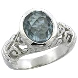 Sterling Silver Bali Inspired Oval Filigree Ring w/ 10x8mm Oval Cut Synthetic Blue Topaz Stone, 15/32 in. (12mm) wide, size 7