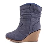 Damen Schuhe, STIEFELETTEN, BOOTS KEIL WEDGES USED LOOK, Q99-25S, Synthetik in hochwertiger Leder Optik, Blau, Gr 38