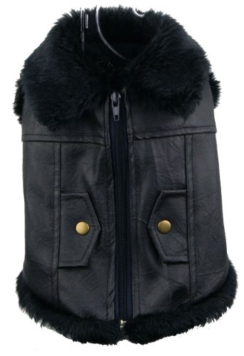 Pet Life Sleeveless Leather Flight Jacket with Fur Trim in Black - X-Large
