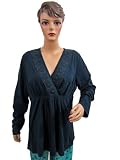 Womens Dark Blue V- Neckline Embroidered Cotton Top Fullsleeve Blouse M