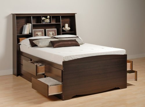 Tall Queen Size Platform Bed with Bookcase Headboard - Prepac Furniture - EBQ-6212-SET-2
