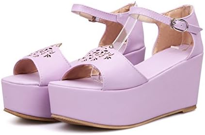 QueenFam Womens Open Toe High Heel Platform Wedge PU Soft Material Solid Sandals with Buckle and Metal, Purple, 42