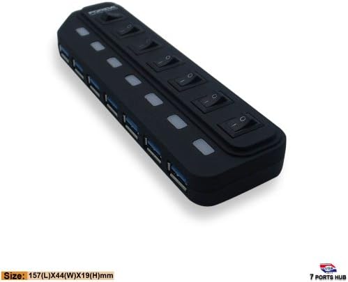 FORIDA® HYD-9008 Portable USB 3.0 7-Port Hub with Individual Power Switches and LEDs + USB 3.0 Cable for Laptops, Ultrabooks and Tablet PCs with USB Ports Backward -Black