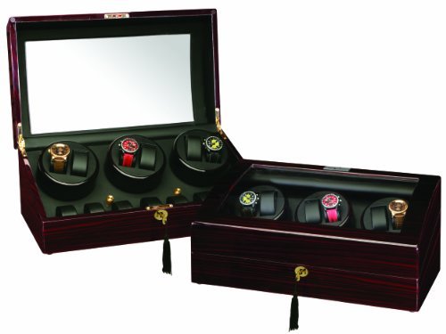 Ebony Wood Finish 6 Watch Winder With 7 Additional Watch Storage Spaces, Three Turntable With 4 Program Settings.