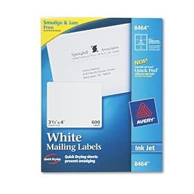 Avery 8464 White ink jet mailing labels, 3-1/3 x 4, 600 per box