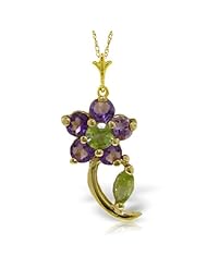 14K Gold Natural Purple Amethyst & Peridot Flower Pendant Necklace