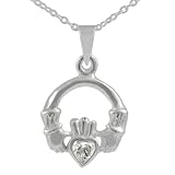Italian Sterling Silver Polished Claddagh Ring with CZ Accent on 18 inch Cable Chain