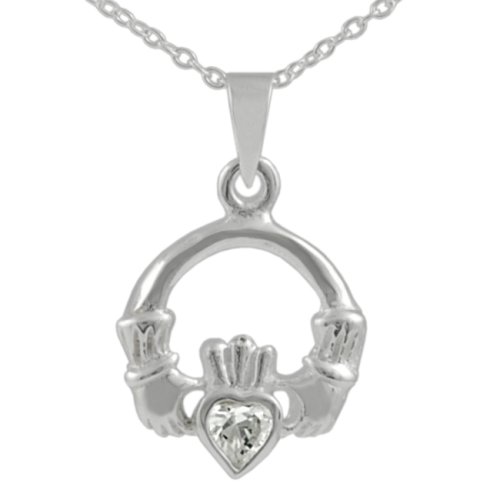 Italian Sterling Silver Polished Claddagh Ring with CZ Accent on 18 inch Cable Chain