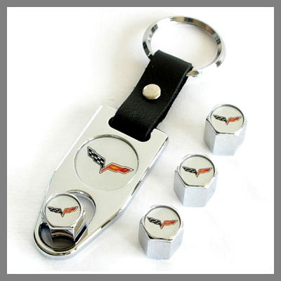 Corvette C6 Logo Tire Valve Caps with Wrench Key Chain