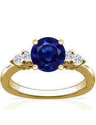 14K Yellow Gold Round Cut Blue Sapphire Ring With Sidestones (GIA Certificate)
