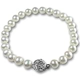 White 7-8mm AAA Cultured Pearl Bracelet w. Platinum Overlay CAREFREE Sterling Silver Rose Clasp 7" (LS1R2)