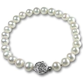 *30% off @ Checkout + Free Shipping* White 7-8mm AAA Cultured Pearl Bracelet w. Platinum Overlay Sterling Silver Rose Clasp 7" (LS1R2)
