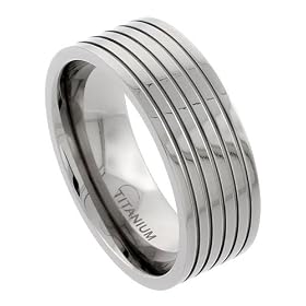 Titanium 9 mm (3/8 in.) Flat Polished Comfort Fit Wedding Band Ring w/ 5 Stripes (Available in Size N to Z+2), Size N
