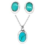 Sterling Silver Turquoise Inlay Oval Button Earrings and Matching Pendant Set, 16