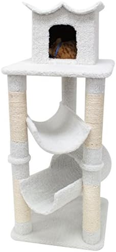 47" Bungalow Sherpa Cat Tree in Off-white Color - Premium Cat Tree for Large Cats and Kittens, Cat Furniture Bundles with Scratching Post, Cat Condo and Tunnel, Cheap Cat Trees and Condos