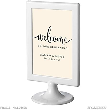 Andaz Personalized Wedding Framed Party Signs, Ivory, 4x6-inch, Welcome to our Beginning, Double-Sided, 1-Pack, Includes Frame, Custom Made Any Name, JNC10355
