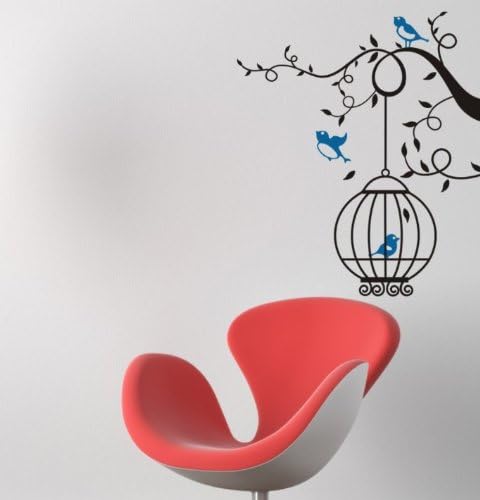 Enrichwall Home Decor Vinyl Wall Sticker Blue Birds Cages Hang in the Tree Branch Room Decal Art Mural Wallpaper