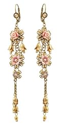 Victorian Elegance Michal Negrin Dazzling Dangle Earrings Ornate with Vintage Roses, Hand Painted Flowers, Dangle Hyacinth Flowers, Falling Beaded Chains Cluster, Accented with Pink, Gold and Beige Swarovski Crystals