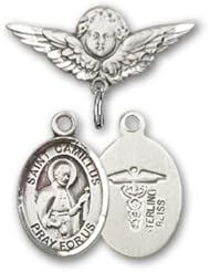 Sterling Silver Baby Badge with ST. CAMILLUS of LELLIS/Doctors Charm and Angel w/Wings Badge Pin