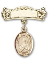 14K Gold Baby Badge with St. Athanasius Charm and Arched Polished Badge Pin