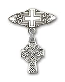 Sterling Silver Baby Badge with Celtic Cross Charm and Badge Pin with Cross