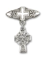 Sterling Silver Baby Badge with Celtic Cross Charm and Badge Pin with Cross