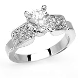 Sterling Silver Cubic Zirconia Rhodium Plated Ring with Round Center Stone
