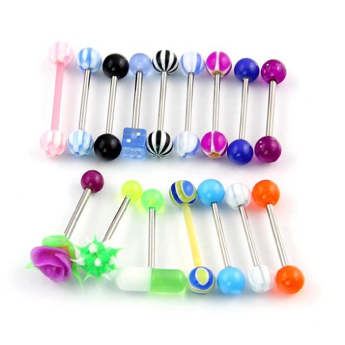 Baqi 16 Mixed 316L Surgical Steel With Koosh Silicon True Blue Rose Tongue Bars Random Color Multicolor