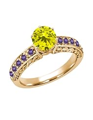 1.04 Ct Round Canary Diamond Purple Amethyst 925 Yellow Gold Plated Silver Ring