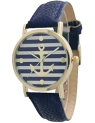 Womens Geneva Striped Anchor Style Leather Watch - Navy