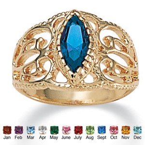 14k Gold-Plated Marquise-Cut Birthstone Filigree Ring- December- Simulated Blue Topaz