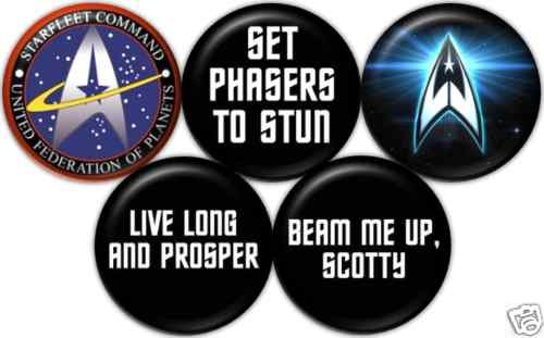 Set of 5 STAR TREK Pinback Button 1.25" Pin / Badge Retro Geek Sci Fi Spock Kirk Scotty