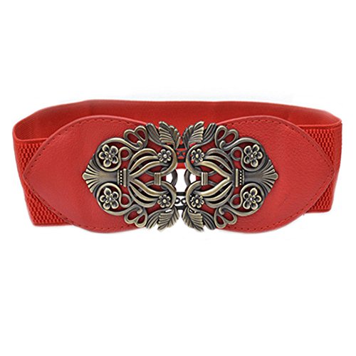 Women's Fashion Vintage Wide Elastic Stretch Waist Belt Waistband (Red)