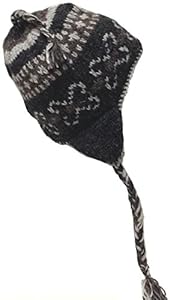 Nepal Hand Knit Sherpa Hat with Ear Flaps, Trapper Ski Heavy Wool Fleeced Lined Cap (Dark Grey/Grey)