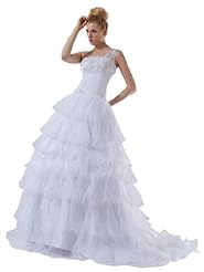 One Shoulder  Organza Applique Tiered  Ball Gown Wedding Dress 