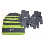 Nike Boys Cuffed Green & Gray Stripes Beanie & Gloves Set Winter Hat