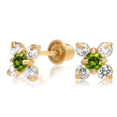 Cheap Girls Jewelry Bling Jewelry Kids Peridot Color Flower CZ Safety Screw Back Studs 14k Gold For Sale
