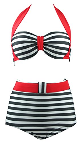 Cocoship Retro 50s Black Stripe Polka Dot Vintage High Waisted Bikini Swimsuit(FBA)
