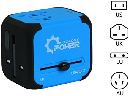 PowerXology International Travel All-in-one Plug Adapter Universal Converter Combo Unit with 2 USB Ports (Blue)